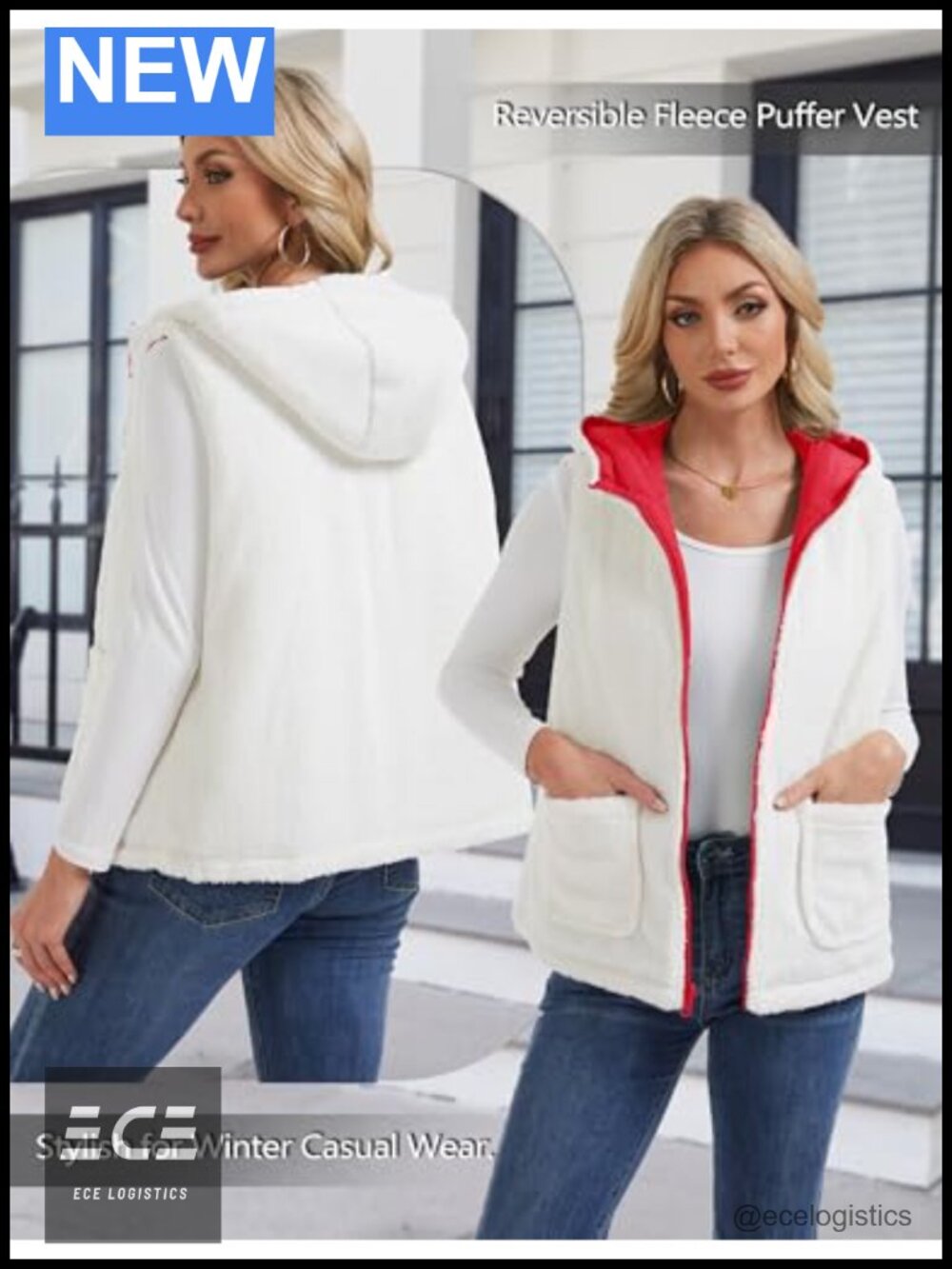 Womens Reversible Puffer Vest Sleeveless Zip Up Fleece Hooded Jacket - Picture 3 of 6